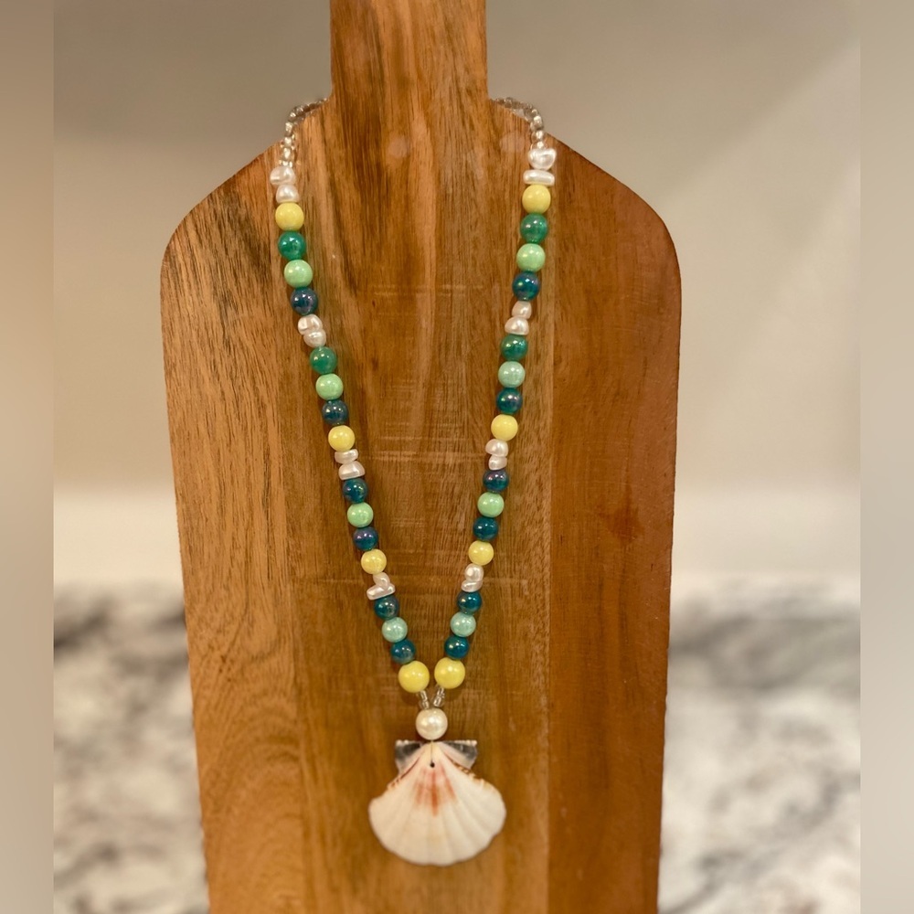 Seashell beaded pearl beach necklace nantucket yellow blue surfer girl toggle